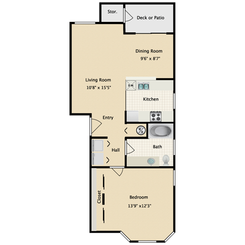 Floor plan for 1 bed, 1 bath, 736 sqft